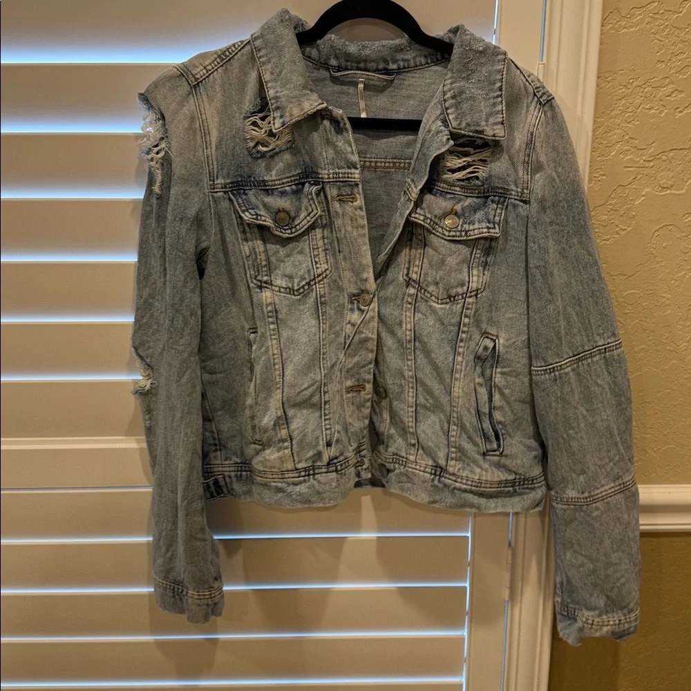 Free People Light Blue Distressed Denim Jacket